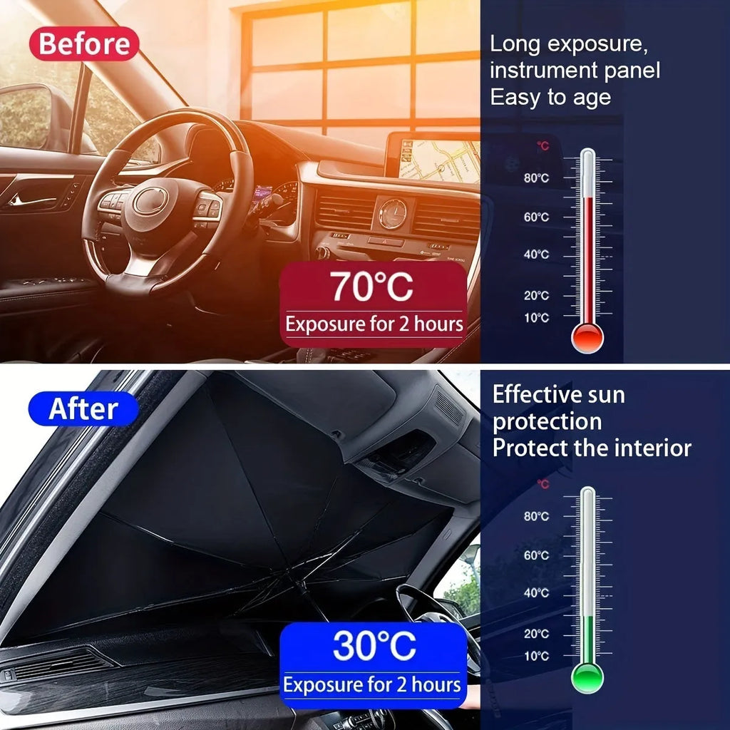 Foldable car windshield sunshade umbrella showing automatic folding mechanism and UV protection