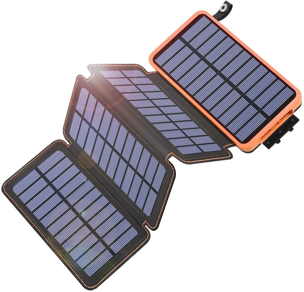 Outdoor solar phone charger power bank with solar panel and LED light in blue colour