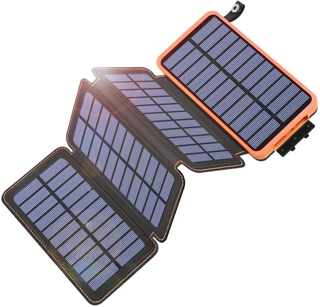 Outdoor solar phone charger power bank with solar panel and LED light in blue colour