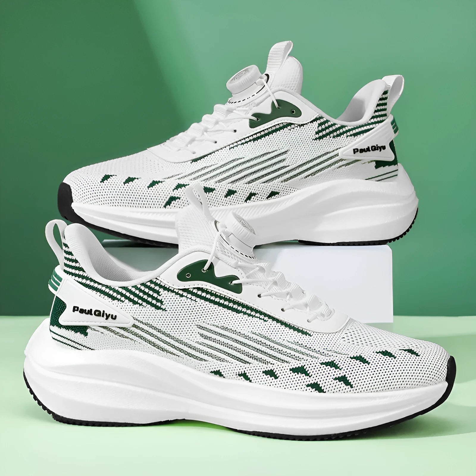 Men's rotating buckle fly-kit mesh sports running shoes in white green colour with low-top design