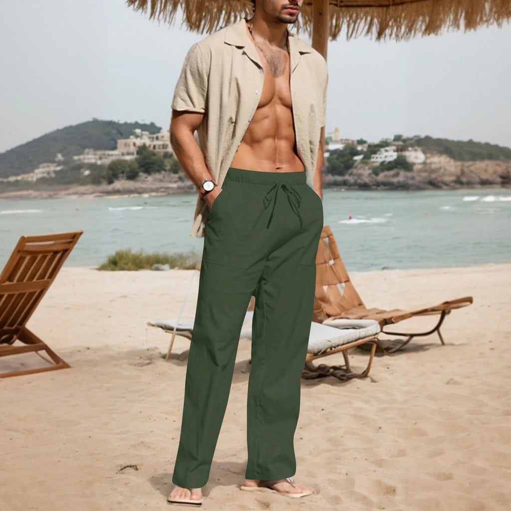Men's cotton linen beach trousers with drawstring elastic waist in straight leg design