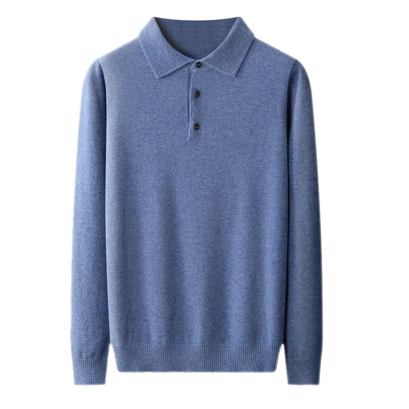 Men's grey polo collar pullover sweater on a hanger, showing long sleeves and knit texture.