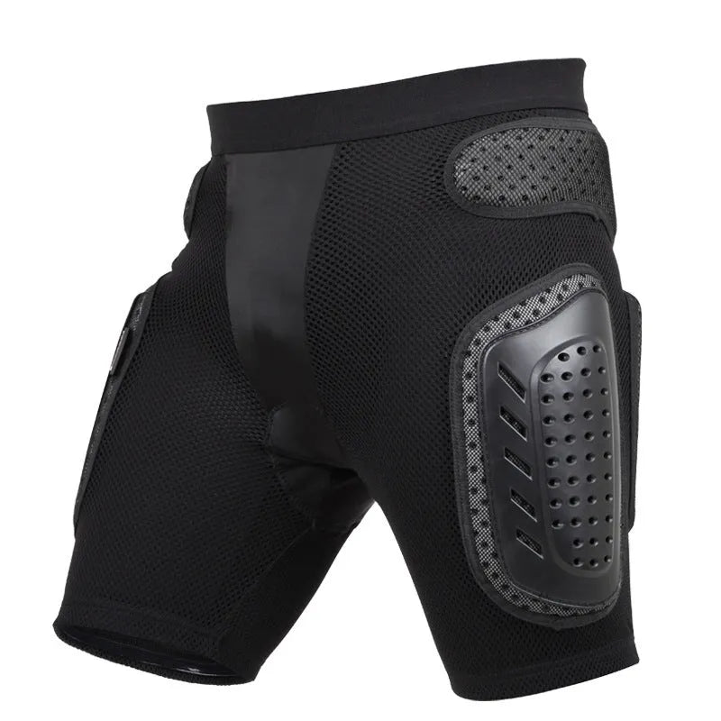 Black cycling hip protection pants shown flat, highlighting the hip pad area and available in sizes S, M, L, XL.