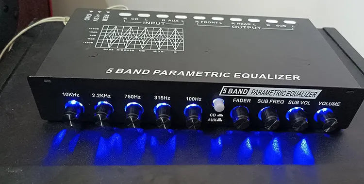 EQ5 Black car audio equaliser unit with front panel controls for six-channel output and seven-band frequency adjustment