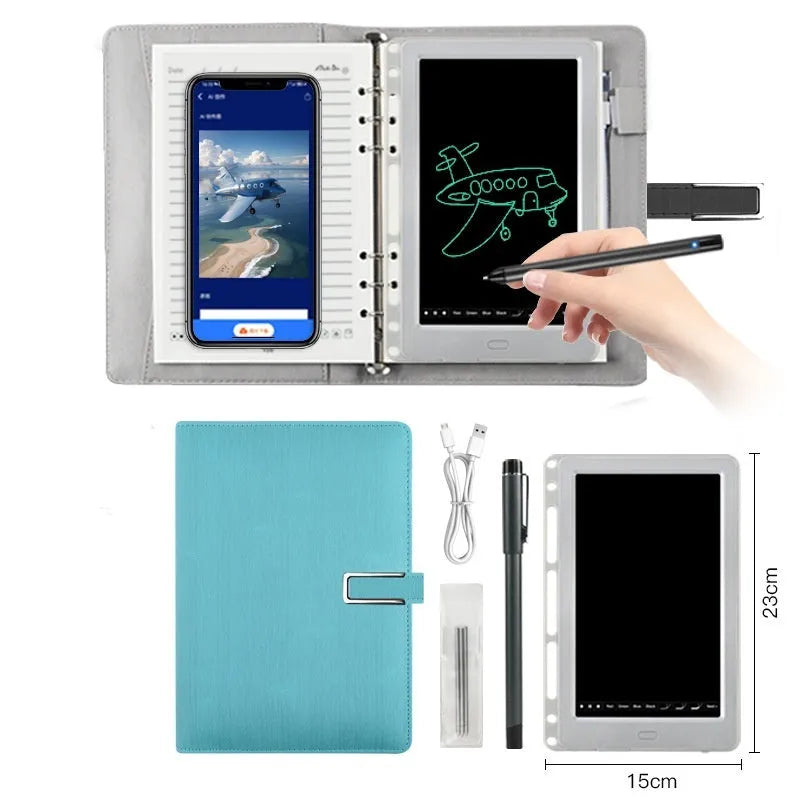 85-inch electronic writing pad with smart pen on a stitching design surface in blue.