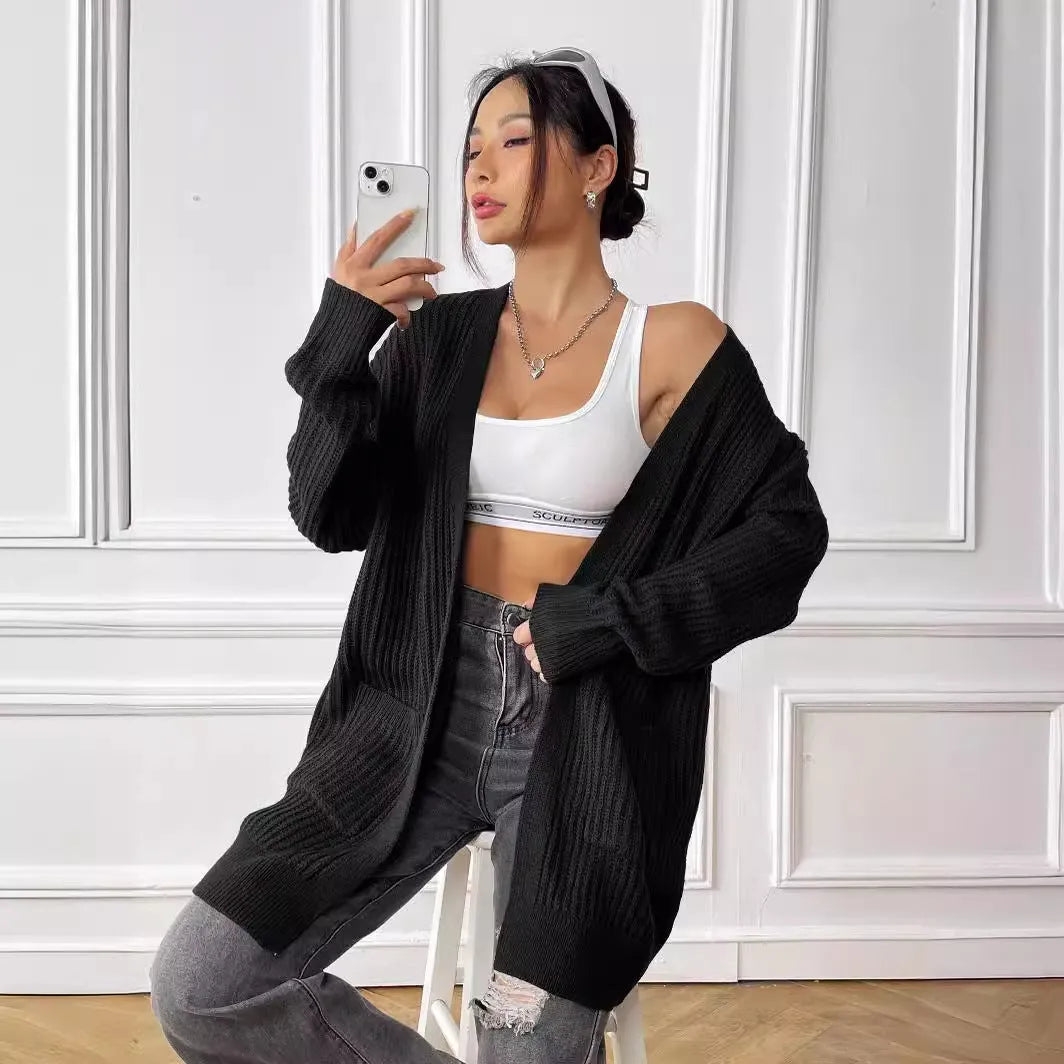 Women's double pocket acrylic cardigan in mid-length loose fit