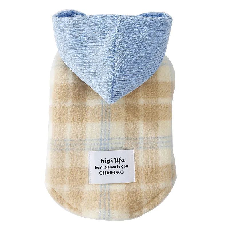 Blue corduroy dog hoodie vest with chessboard grid pattern and attached hood featuring traction details