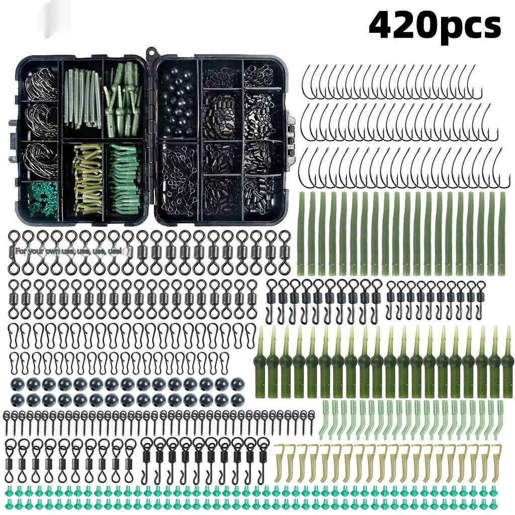 ANMUKA 420-piece space beam rotating fishing accessories set with swivels, pins, hooks, and storage box on a white background