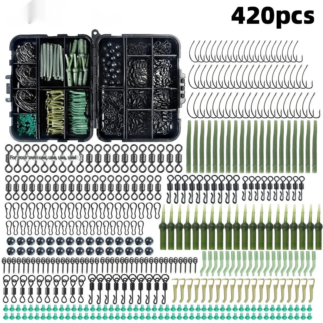 ANMUKA 420-piece space beam rotating fishing accessories set with swivels, pins, hooks, and storage box on a white background