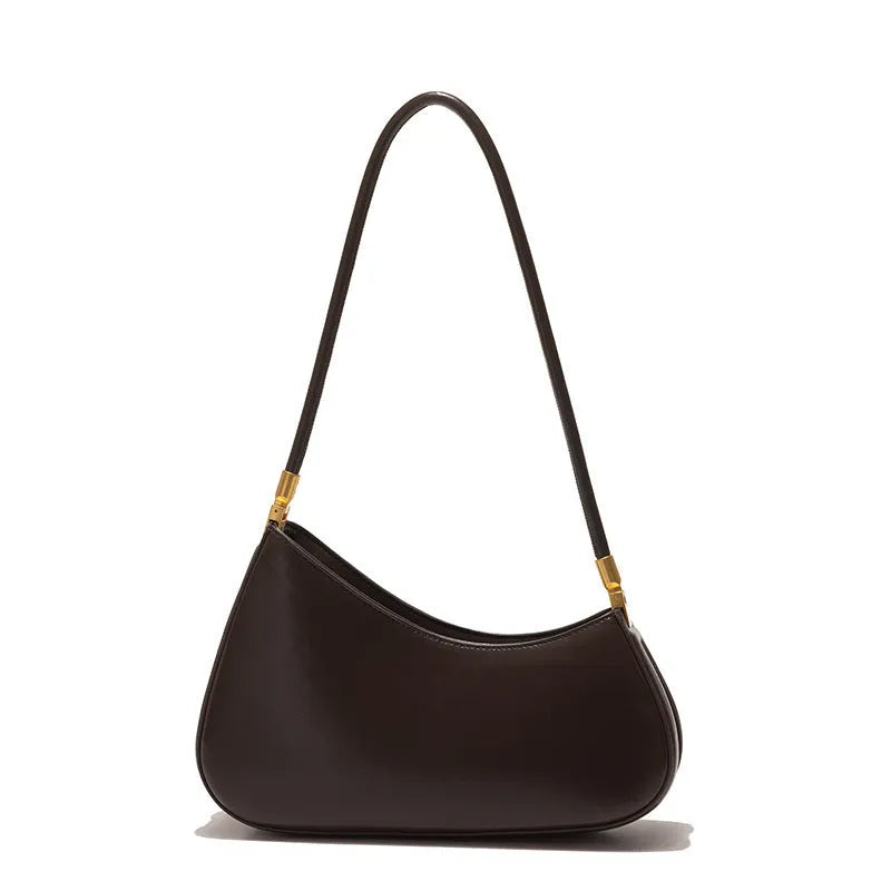Oval-shaped brown PU leather women's underarm handbag with a single shoulder strap and visible stitching.