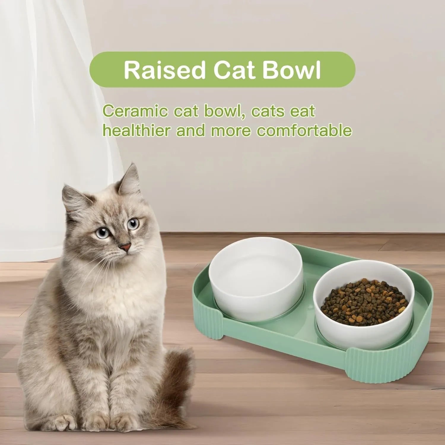 Green ceramic elevated cat bowls with tilted stand and dual bowls on wooden floor