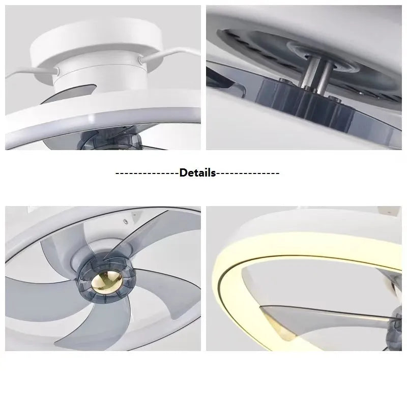 Modern overhead ceiling fan with integrated light showing 500mm diameter design with PC blades and acrylic lampshade