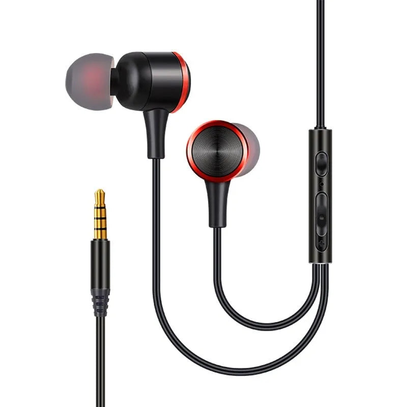 Wired in-ear headset with 3.5mm plug, TPE cable, and silicone ear caps in black colour