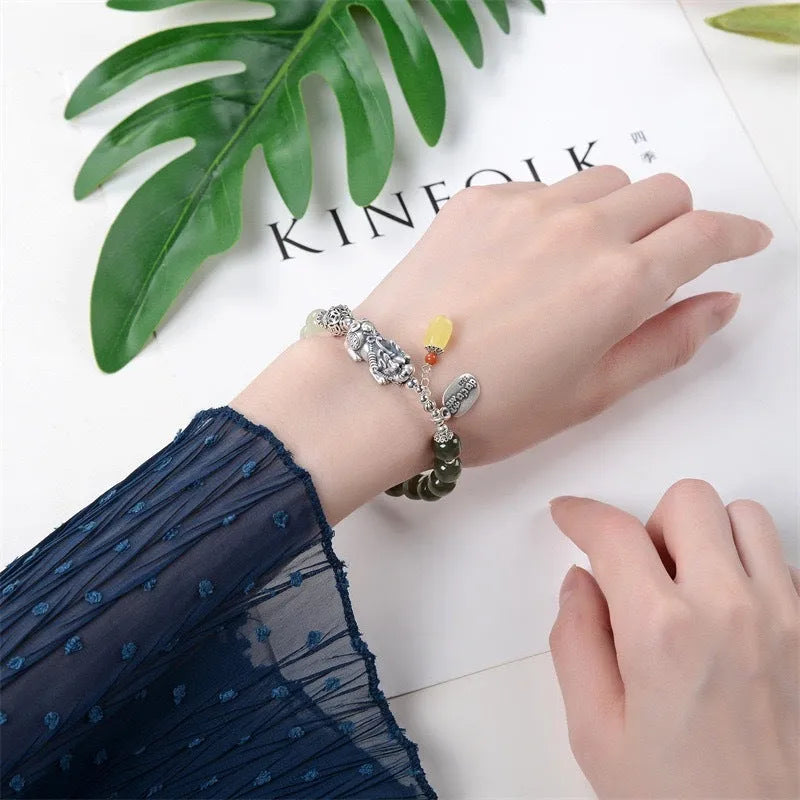 Pure silver coin bracelet with natural Hetian jade stones in retro women's design
