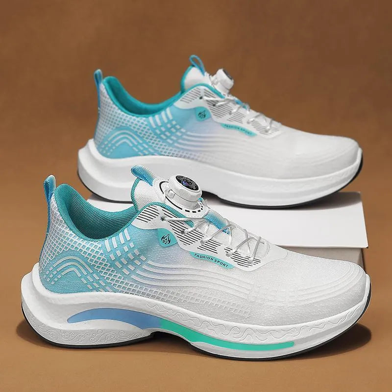 Men's white and blue low-top mesh sneaker with a rotating buckle closure and rubber sole.