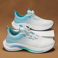 Men's white and blue low-top mesh sneaker with a rotating buckle closure and rubber sole.