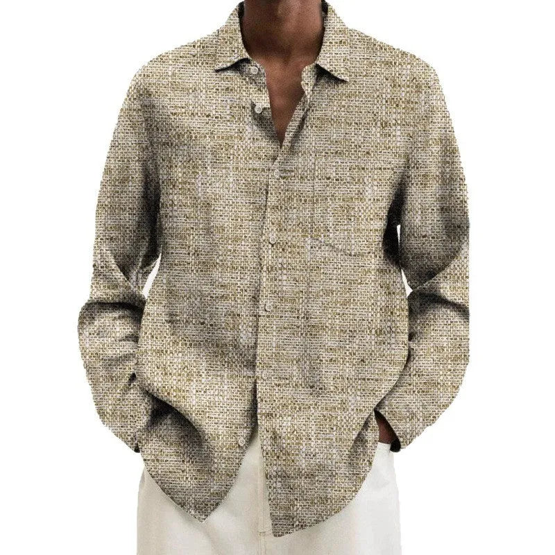Men's long sleeve cardigan shirt with a multi-colour pattern, shown in a casual setting.