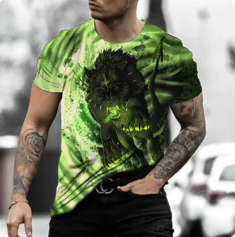 Retro 3D animal print on a men's short-sleeved light blue T-shirt made from polyester bird eye cloth.
