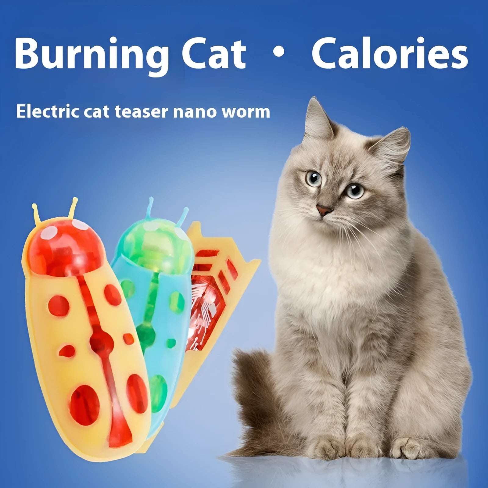 Electric jumping insect cat teaser toy in ladybug and iron cow designs, showing red, green, and purple colour options.