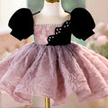 Girls' formal dress in pink purple, slim fit, short sleeves, round neck, for piano performance, height size options 90cm to 160cm