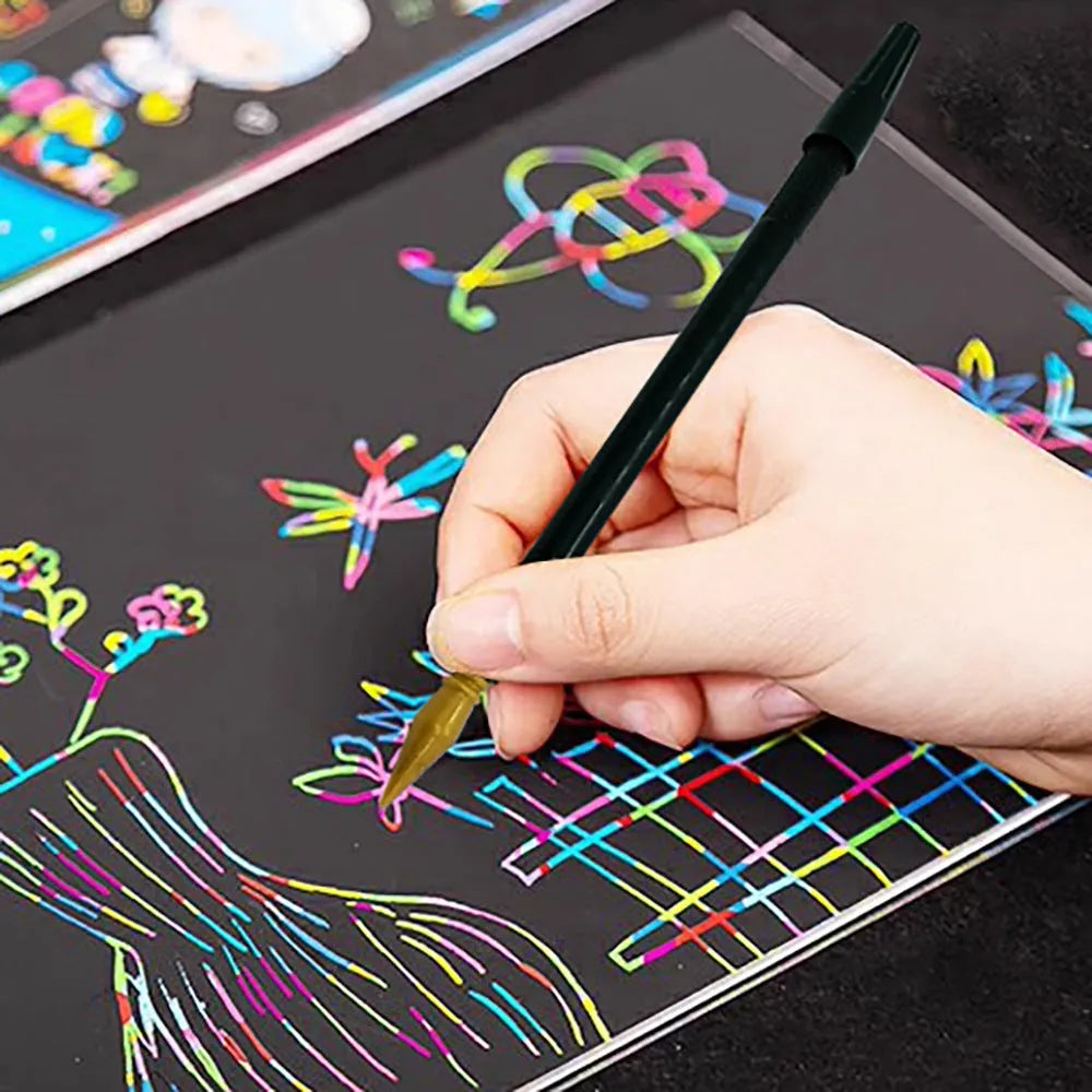 Scratch art pen tool with brush-style tip for children's creative scratch art projects