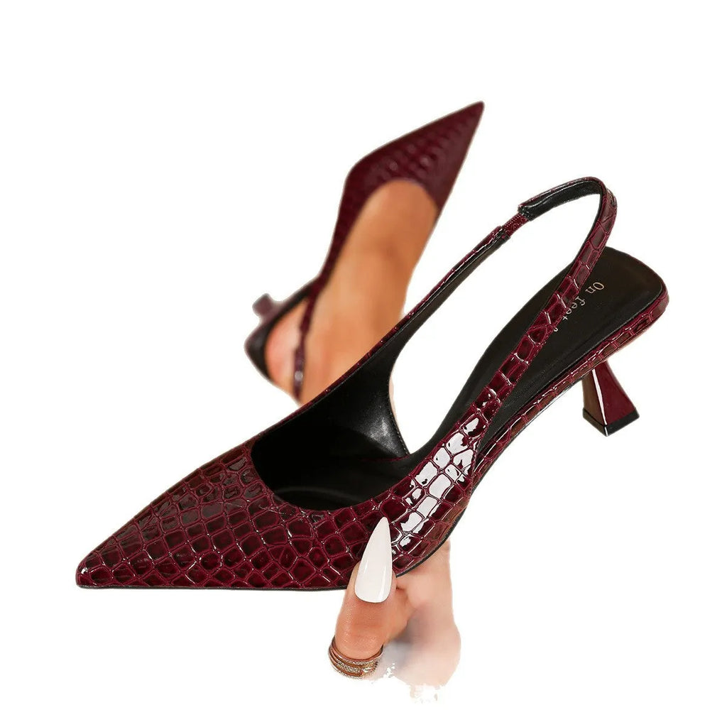 Black crystal pattern pointed toe high heel pumps with elastic band slingback and cat heel