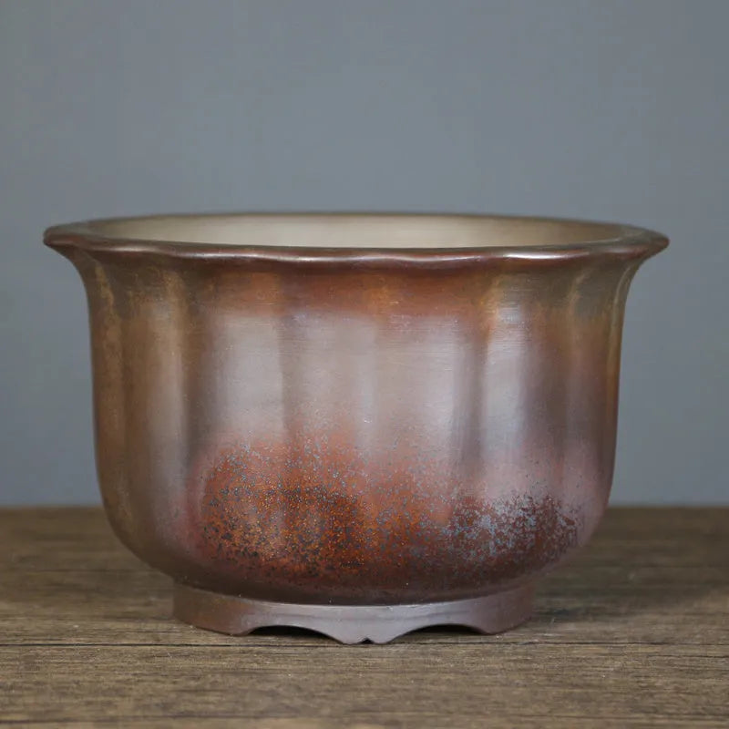 Classical carved ceramic bonsai pot in S1696 firewood brown with antique wood-burning finish