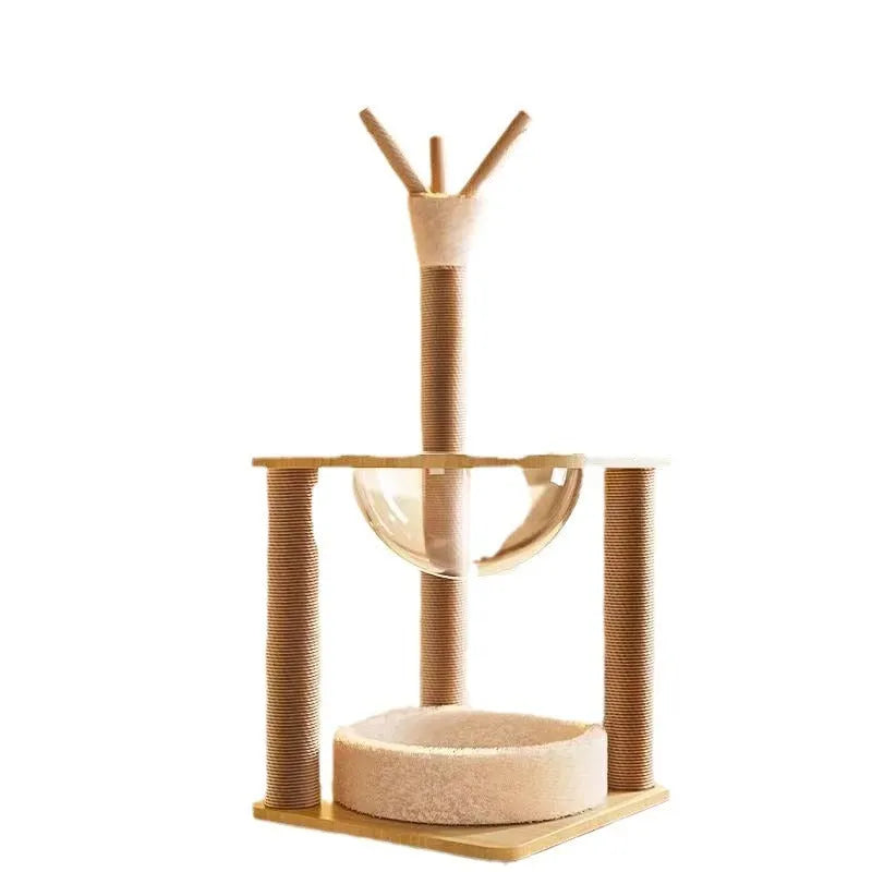 Wooden cat climbing frame with space capsule hideaway in wood colour finish