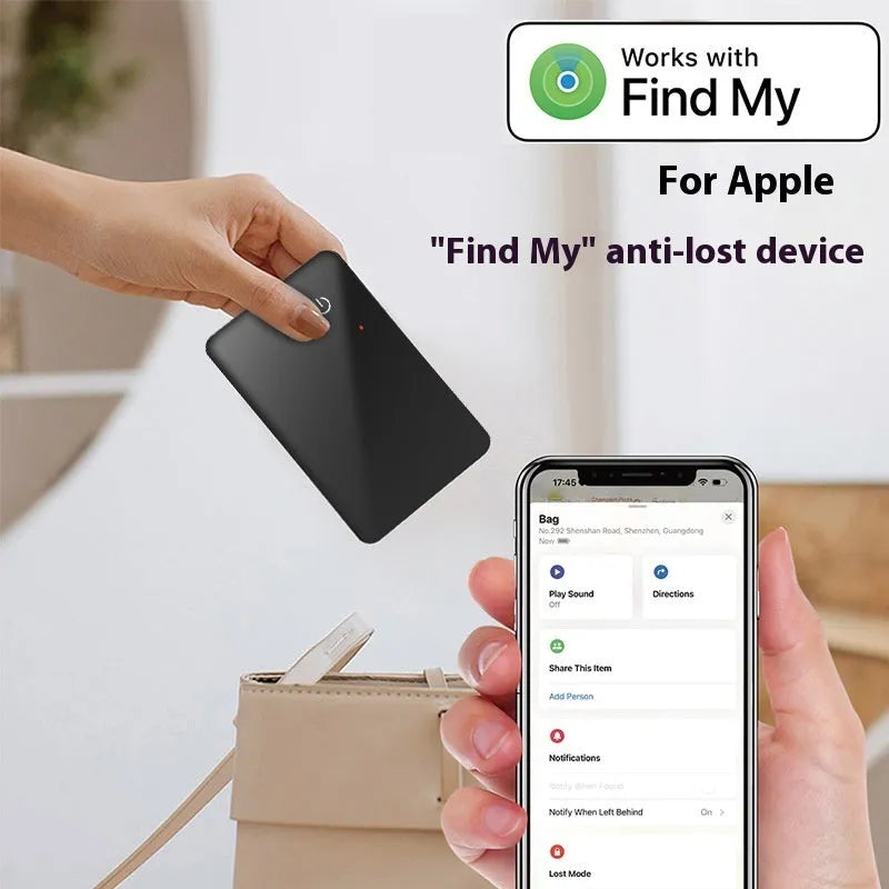 Black plastic pet tracker with wireless charging and NFC, card dimensions 85x54mm