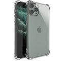 Clear transparent shockproof TPU case for Apple iPhone on a white background.