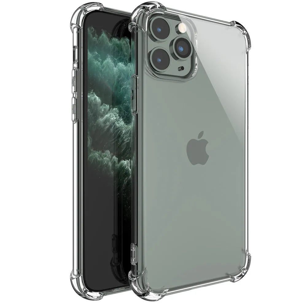 Clear transparent shockproof TPU case for Apple iPhone on a white background.