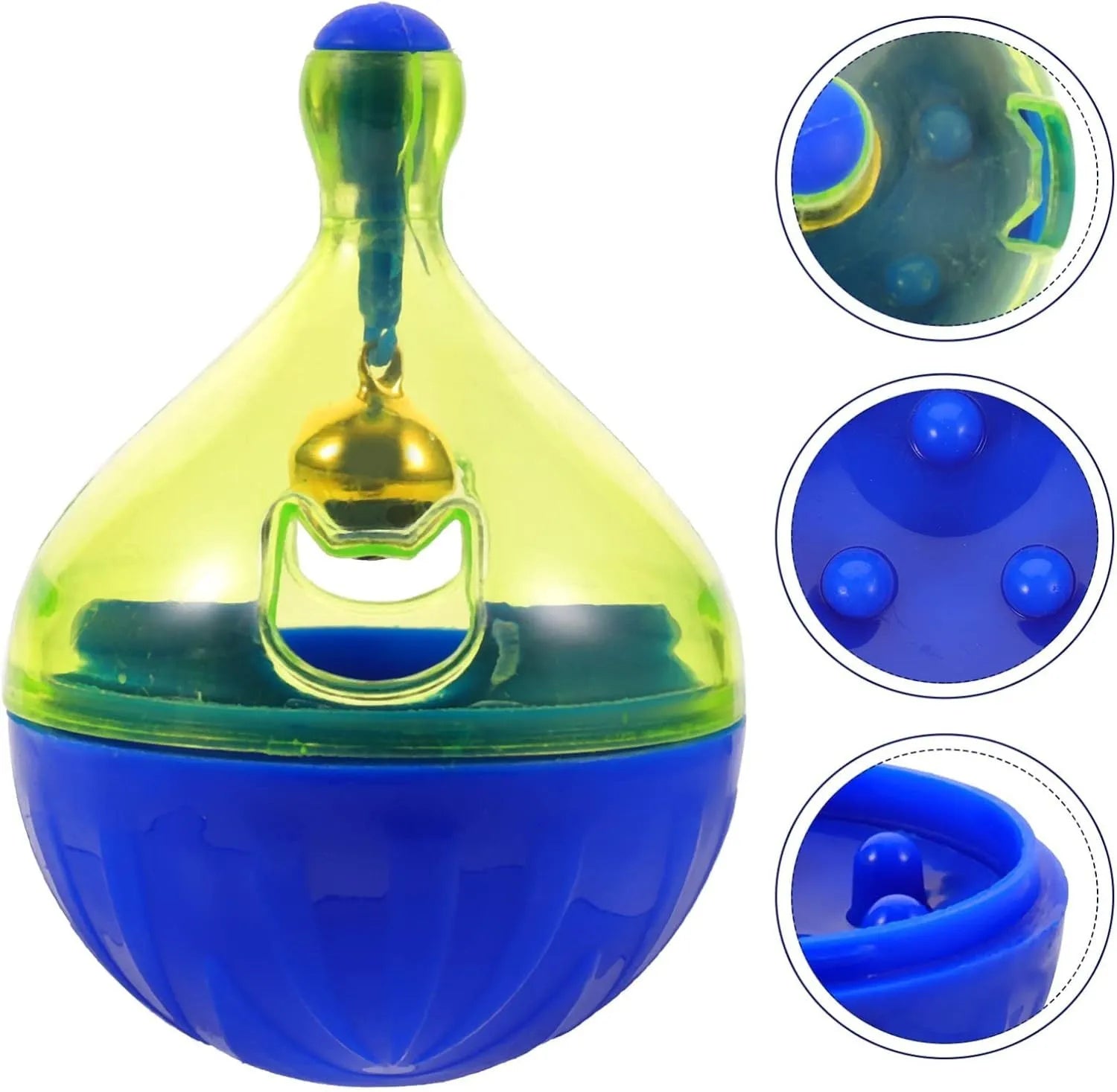 Tumbler-shaped interactive treat dispenser toy for dogs and cats on a floor.