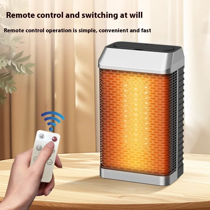 Black remote control smart desktop heater with compact dimensions on a desk.