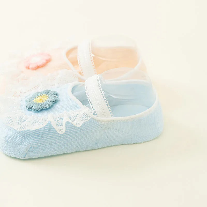 Light blue milky white thin cotton non-slip ankle socks for baby girls with lace trim