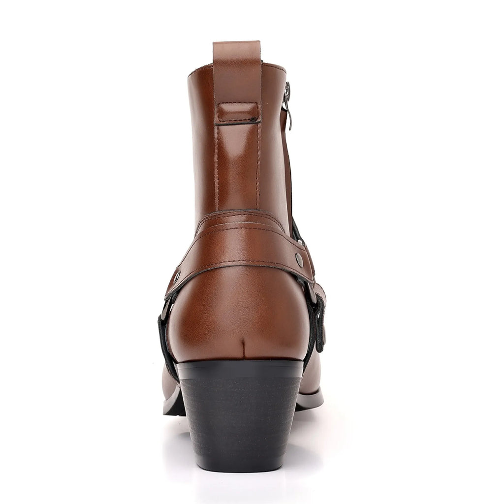 Black unisex mid-calf chain boots with side zipper, rivet details, and a square toe.