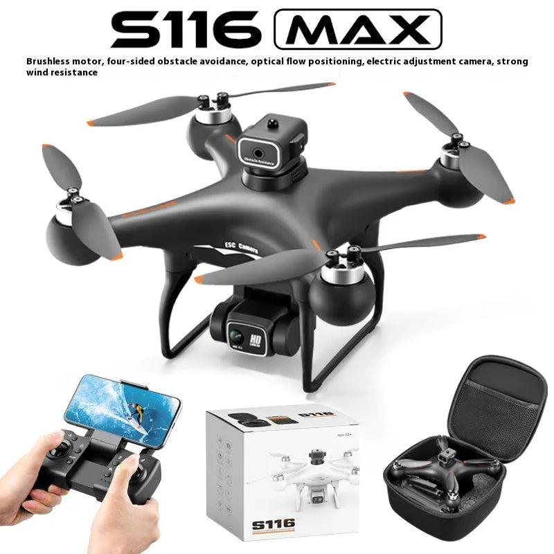 Black and white compact brushless drone with obstacle avoidance sensors and a dual camera system