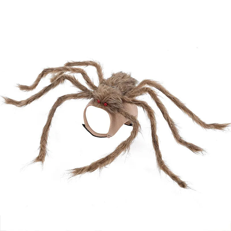 A grey and black spider costume for a small dog, shown from the side.