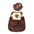 Coffee-coloured polyester dog costume designed as a courier standing outfit for funny pet outings.