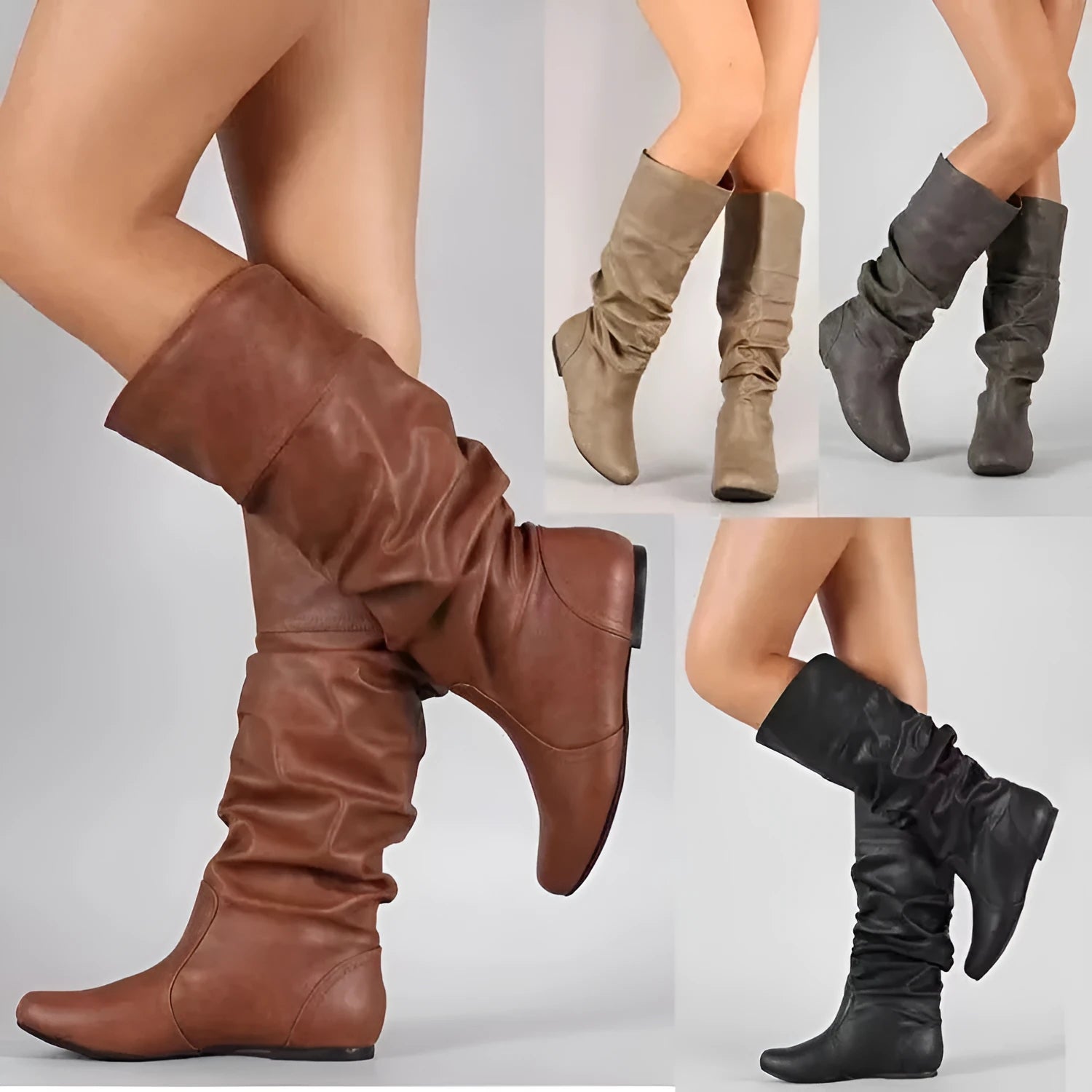 Women's black slip-on flat boots with round toe and high cylinder shaft on neutral background