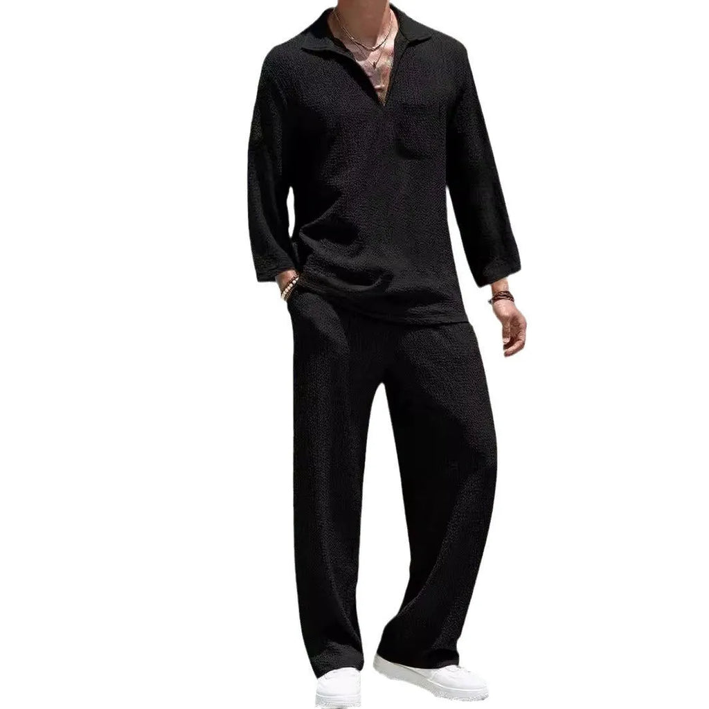 Men's casual polyester suit set with shirt jacket and trousers in four colour options