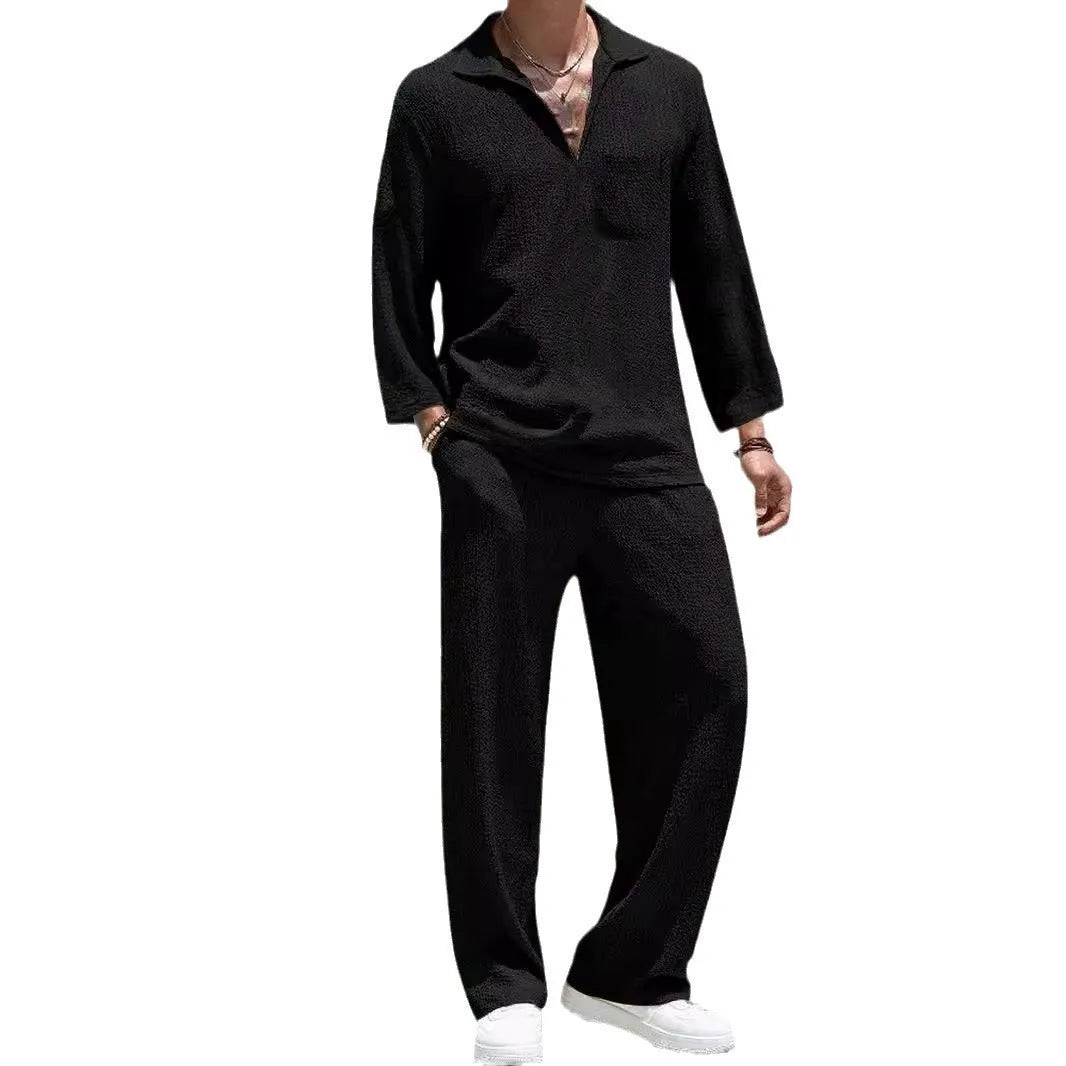 Men's casual polyester suit set with shirt jacket and trousers in four colour options