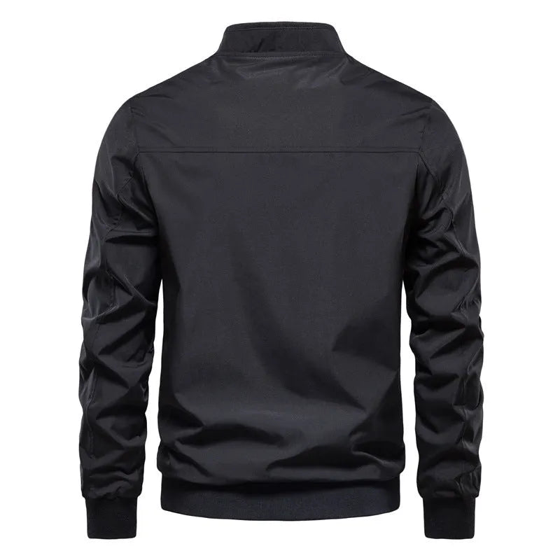 Men's thin solid colour casual jacket in polyester, shown in dark blue, black, and army green.
