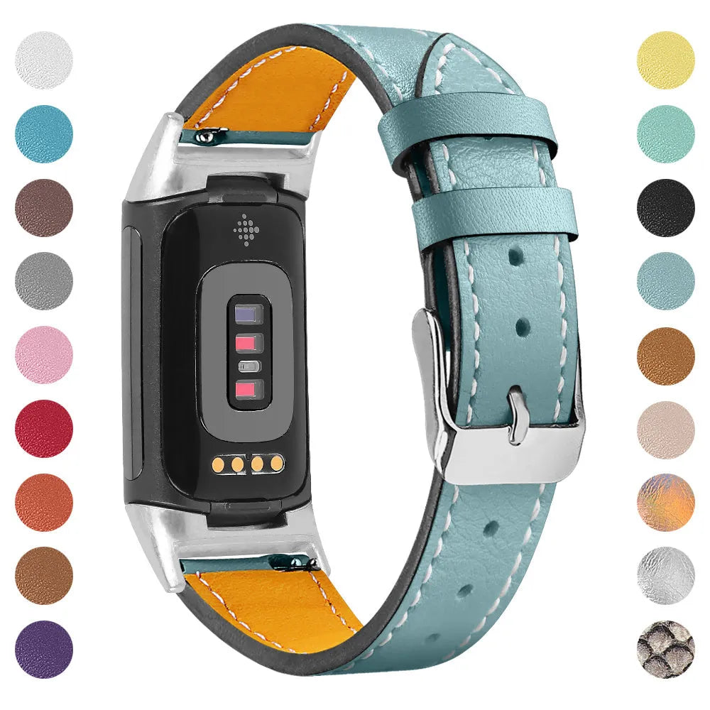 Genuine cowhide leather replacement strap for Fitbit Charge 5 and Charge 6 smartwatches in multiple colour options.