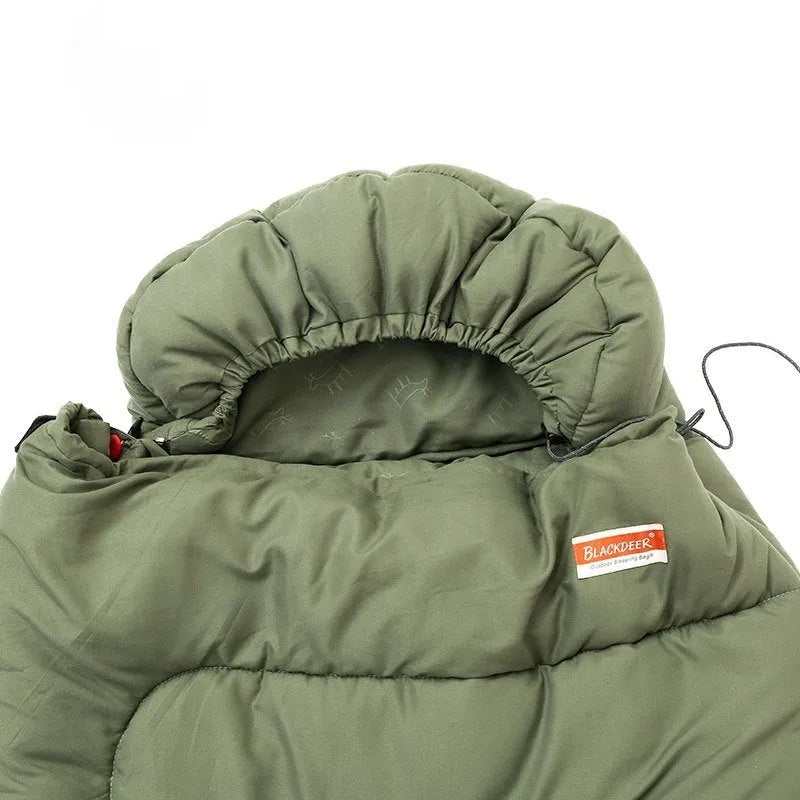 Ultra-light cotton camping sleeping bag quilt in ochre or olive green colour.