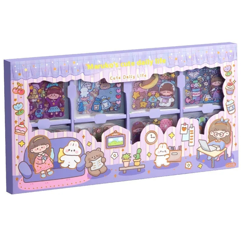 Children's sticker collection box showing five themed designs: meatball characters, peach tea party, star team, and Nini diary artwork