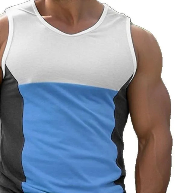Men's blue sports vest with contrast colour panels and V-neck for running and fitness training.