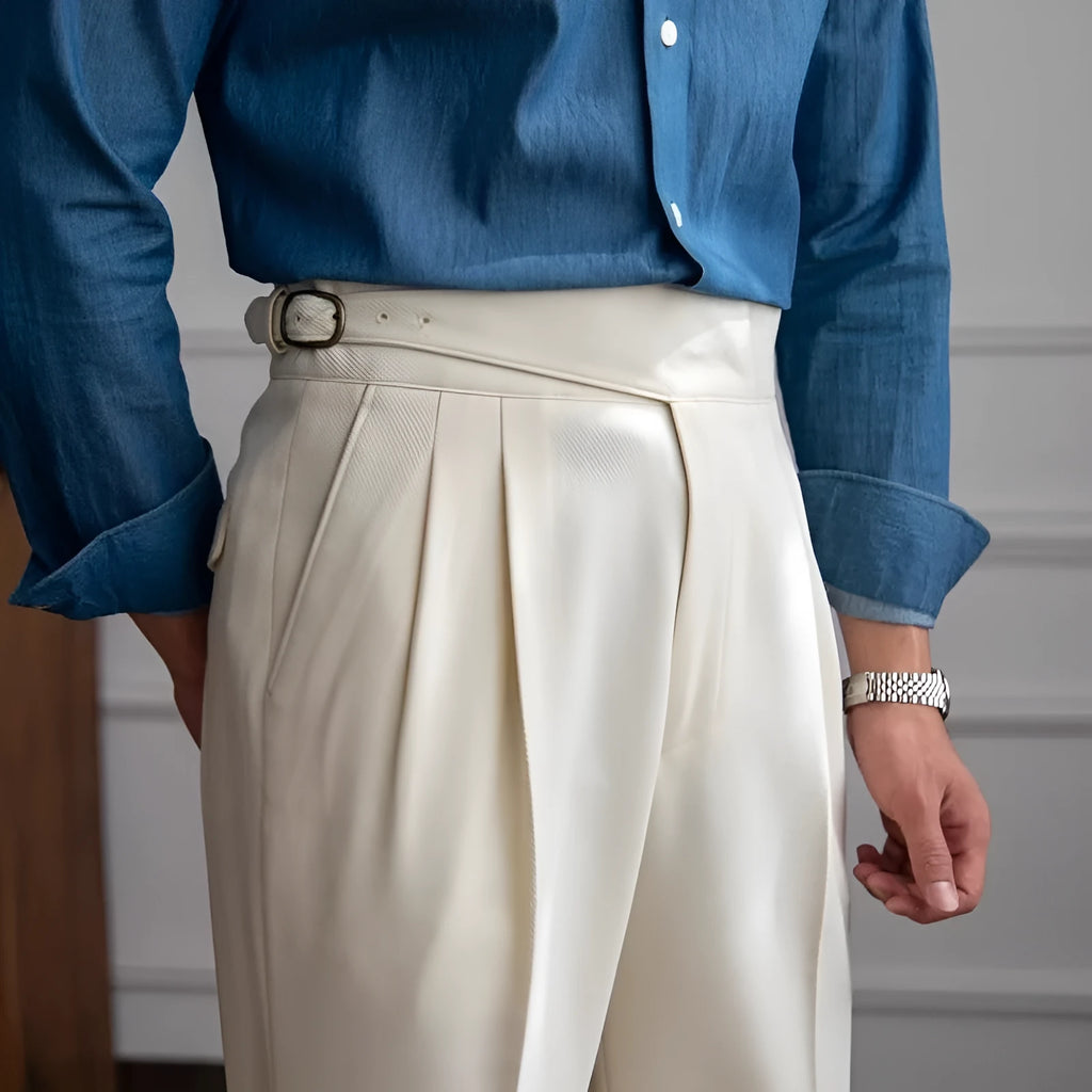 Man wearing black high-waist straight-leg casual polyester trousers for a leisure outfit.