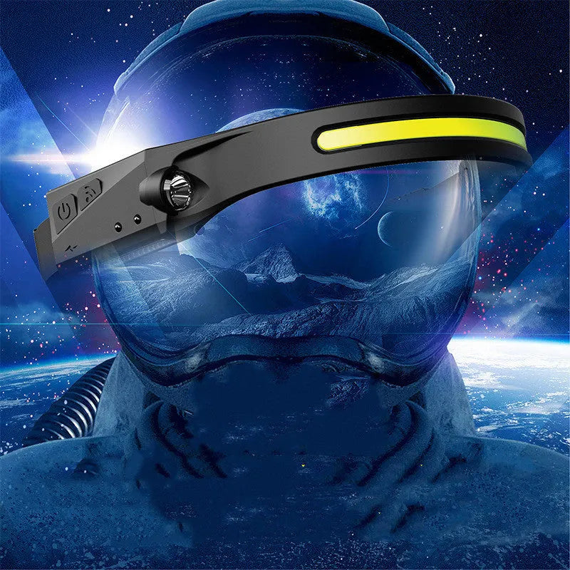 Black silicone USB rechargeable headlamp with wide LED beam, shown with adjustable strap and side wave sensor.