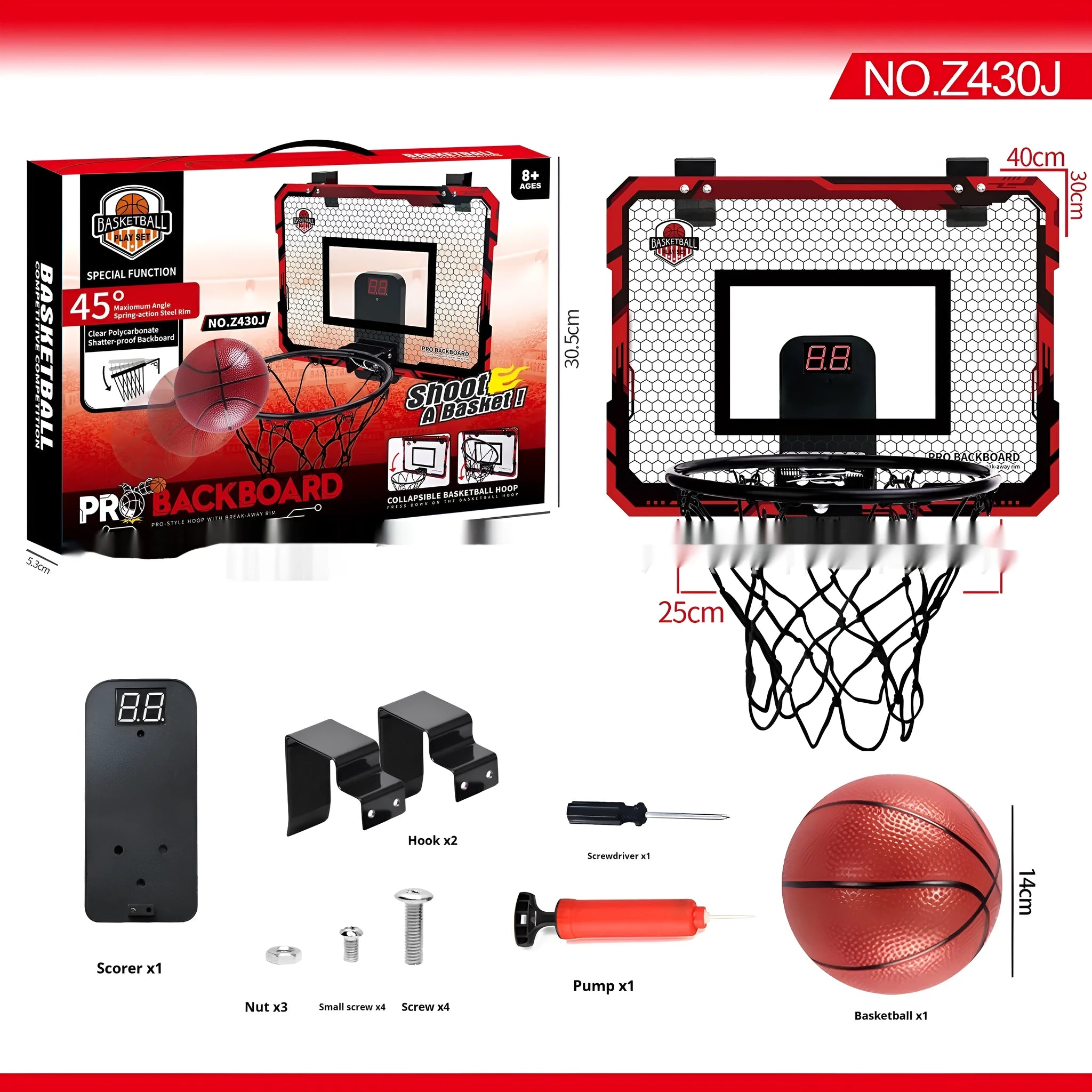 Red and blue folding basketball frame with suction cup and hook, shown as a dunk target and ball rack.