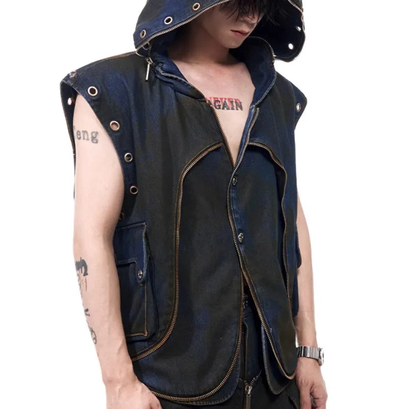 Blue hooded denim vest coat with matching trousers mens Korean style casual set